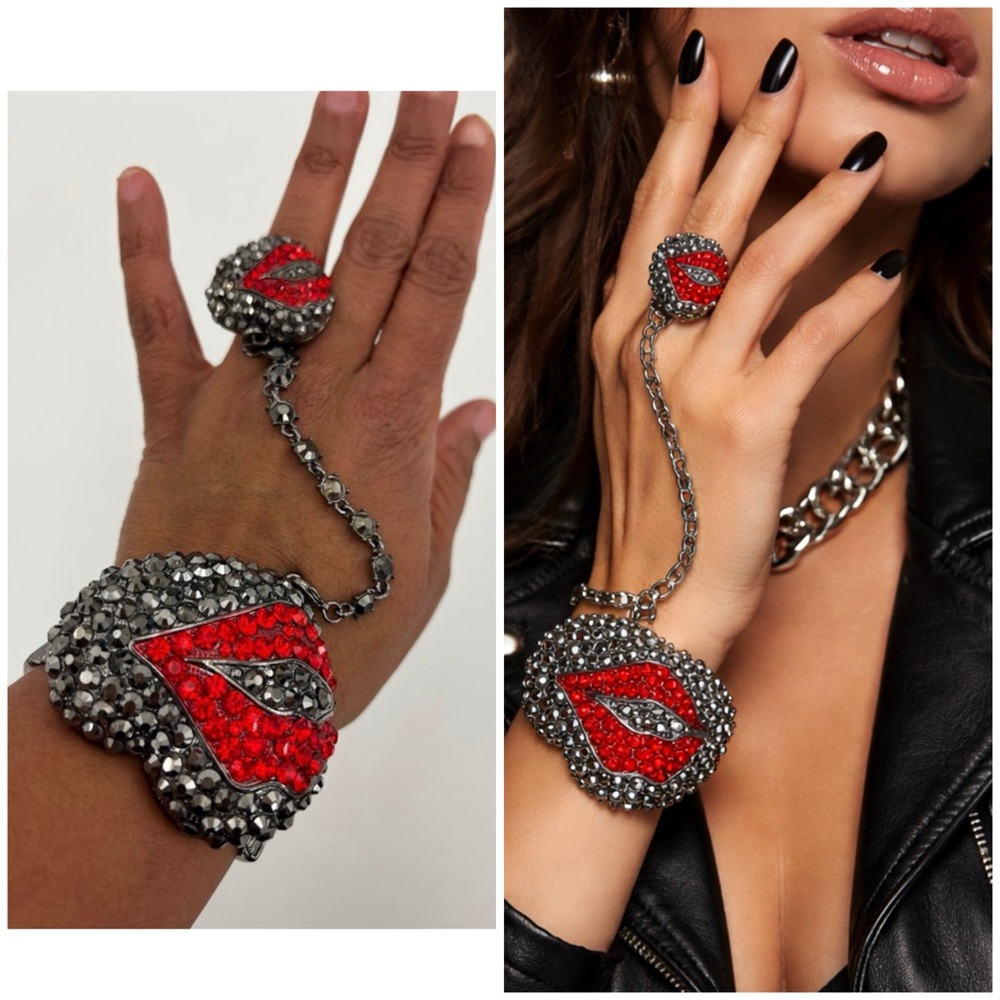 Red and Silver Lips & Hearts Bracelet & Ring Crystal Hand Jewelry